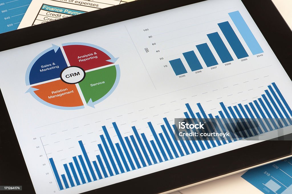 Управление взаимоотношениями с клиентами Диаграмма на цифровой планшет - Стоковые фото Управление взаимодействием с клиентами роялти-фри