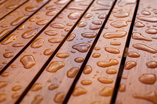 gotas de agua sobre madera - barnizado de madera fotografías e imágenes de stock