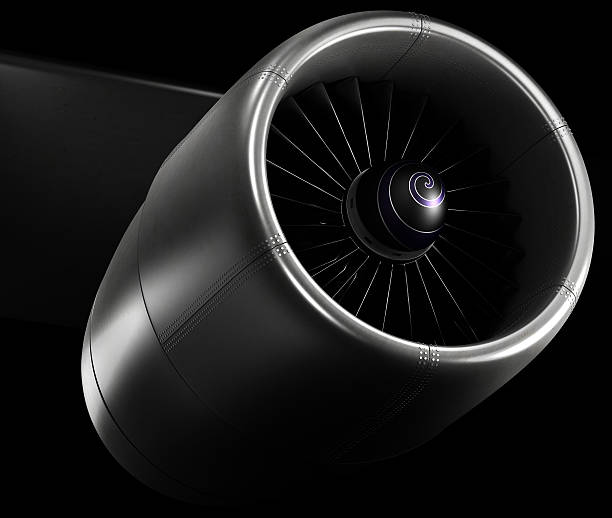 Sleek grey aircraft engine with black background Highly detailed rendering of an aircraft engine. Low key image wow airlines stock pictures, royalty-free photos & images