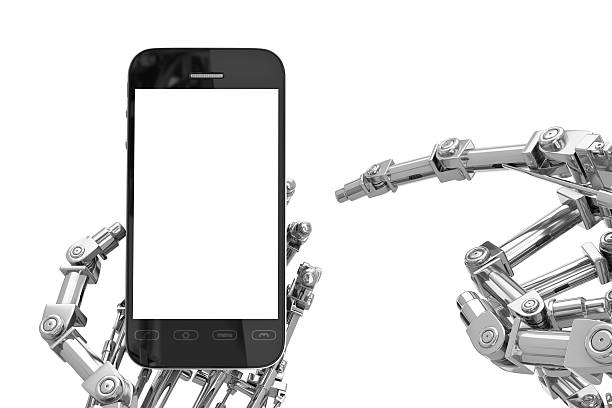 Cyborg Hand holding Smartphone with Blank Screen, White Background (XXXL) stock photo