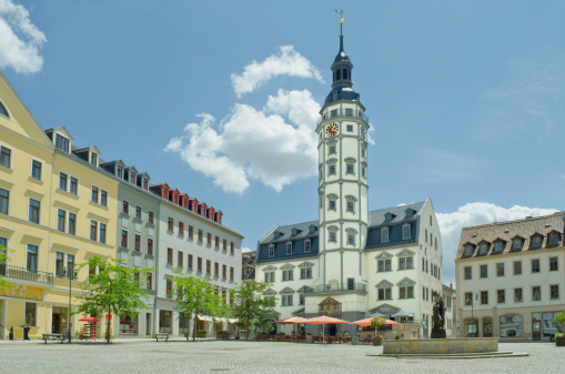 market of Gera - Thuringia, Germany. And the famous town hall. In the middle the fountain called Simson fountain.