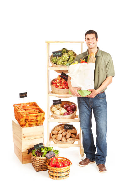 istock Man Grocery Shopper Customer in Store Display on White 171266363