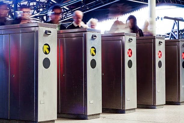 Row of ticket machines in railway station