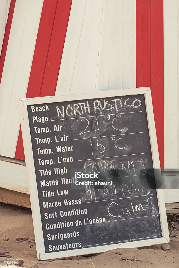 North Rustico Beach Beach condition board at North Rustico Beach, Prince Edward Island. Beach Stock Photo