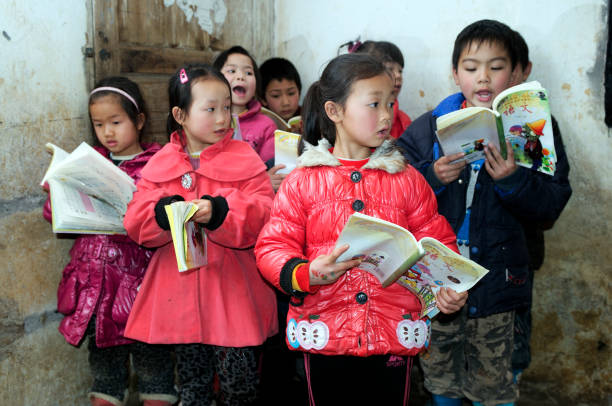 Reading Time "Yang Mei Ling, Guilin, Guangxi, China - March 15, 2012: Chinese  students are reading from their books. Poor elementary student of Yang Mei Ling Primary School.Yang Mei Ling is a small village. Image has been captured in their decrepit classroom.It is  the reading time." yangshuo stock pictures, royalty-free photos & images