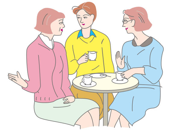 illustrazioni stock, clip art, cartoni animati e icone di tendenza di tre donne che chiacchierano mentre bevono il tè in un bar - women coffee tea party drinking