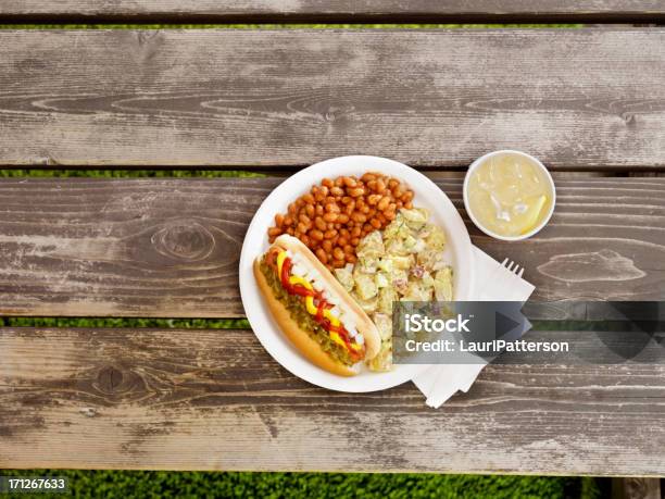 Bbq Hotdog With Lemonade Stock Photo - Download Image Now - Picnic Table, High Angle View, Directly Above