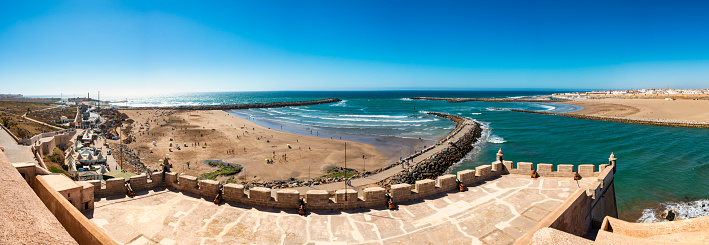 Rabat, Morocco - May 15, 2023: The fort at the estuary of the Bou Regreg river into the Atlantic Ocean at the Rabat City - the capital of Morocco. Africa.