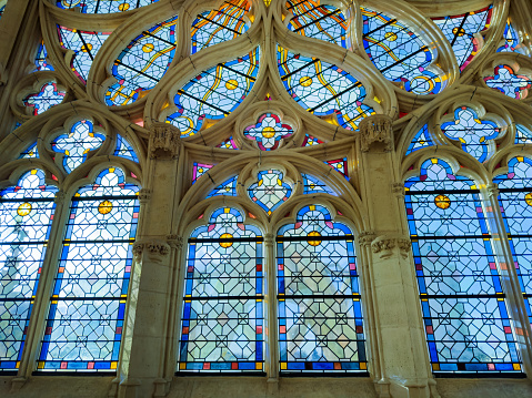 Colorful glazing of Sainte-Chapelle de Vincennes, interior France