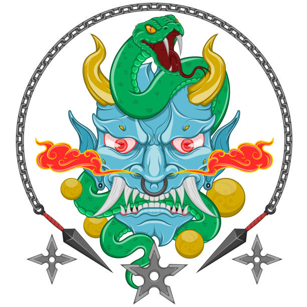 Japanese traditional demon with snake Japanese traditional demon vector design with snake, Oni Japanese Demon Hannya Mask With Snakes hannya stock illustrations