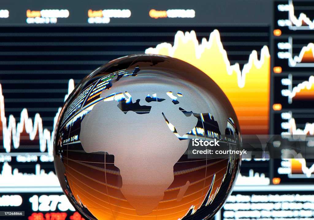 Global finance concept. Europe Global finance concept. Financial data with globe in foreground. Globe shows Europe Africa Stock Photo