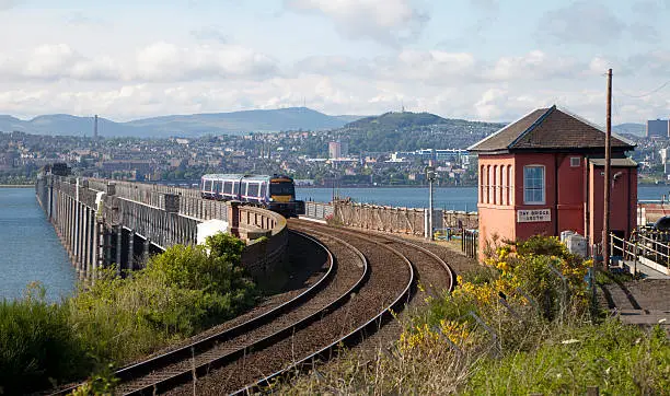 The railway bridge over the River Tay with the city of Dundee in the background.View from Dundee: