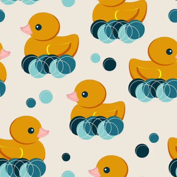 Vector illustration of A yellow cute duckling floats on the sea waves forming a seamless pattern. Holiday National Rubber Duck Day. Vector.