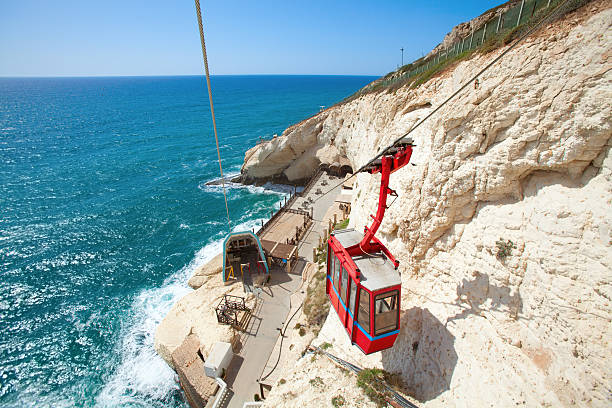 Beautiful view on the red cable car with the cliffs of Rosh Hanikra