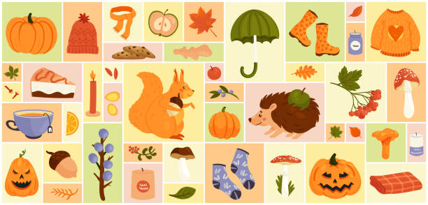 Autumn season square collage set vector illustration. Cartoon herbarium of forest tree leaves, harvest for Thanksgiving party, candle and acorn, cute squirrel and hedgehog with apple in geometric collage background. Autumn season set vector illustration. knitted pumpkin stock illustrations