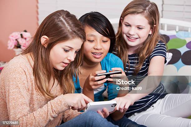 Girls Texting Stock Photo - Download Image Now - Pre-Adolescent Child, Teenage Girls, Girls