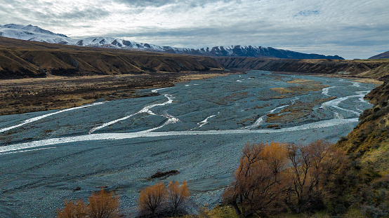 Aerial photograph of the braided river flowing through the valley in the Hakatere conservation park