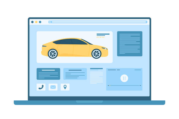 illustrations, cliparts, dessins animés et icônes de achat et vente de voitures neuves ou d’occasion service en ligne, ordinateur portable de bureau avec site web automobile - technology internet application form lease agreement