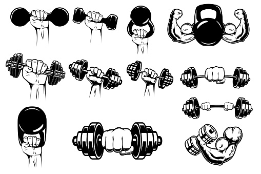 Set of illustrations of athlete hand with dumbell, barbell. Design element for poster, emblem, sign, label.