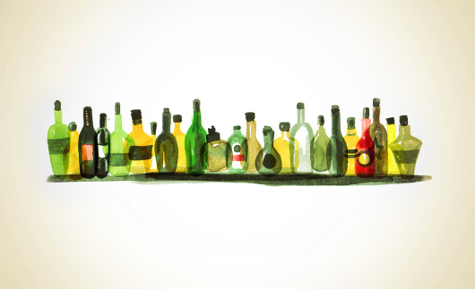Watercolor painting of a variety of alcohol bottles on a bar shelf.