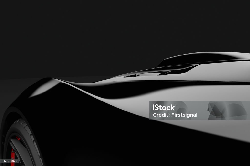 Black sport car on dark background "3D Rendering image showing a concept design made by my own. This is one image out of a series with different angles. This is the perfect stuff for people how need race cars, supersport cars without any manufacture brand." Shiny Stock Photo