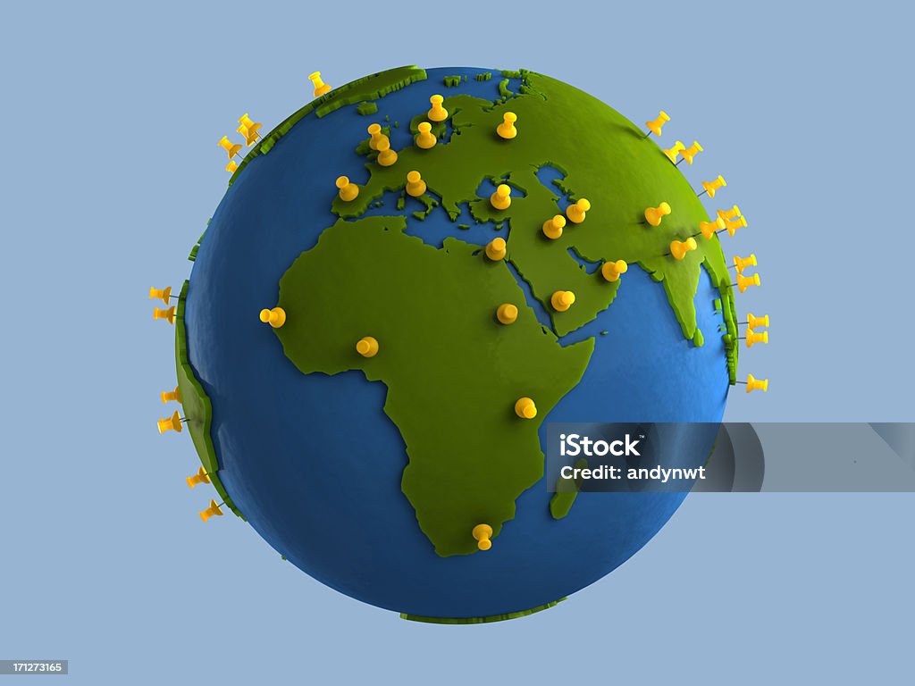 Yellow Tacks on Globe (Africa) Push pins placed on globe to indicate major cities. Globe - Navigational Equipment Stock Photo