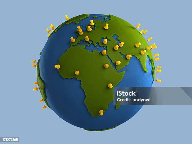 Yellow Tacks On Globe Stock Photo - Download Image Now - Globe - Navigational Equipment, Thumbtack, Cut Out