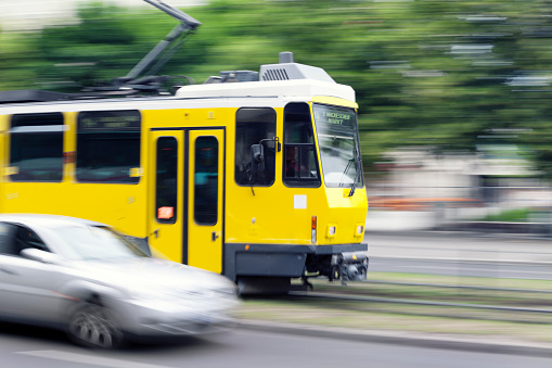 Tram travelling at high speed in Berlin, Germany (motion blur).