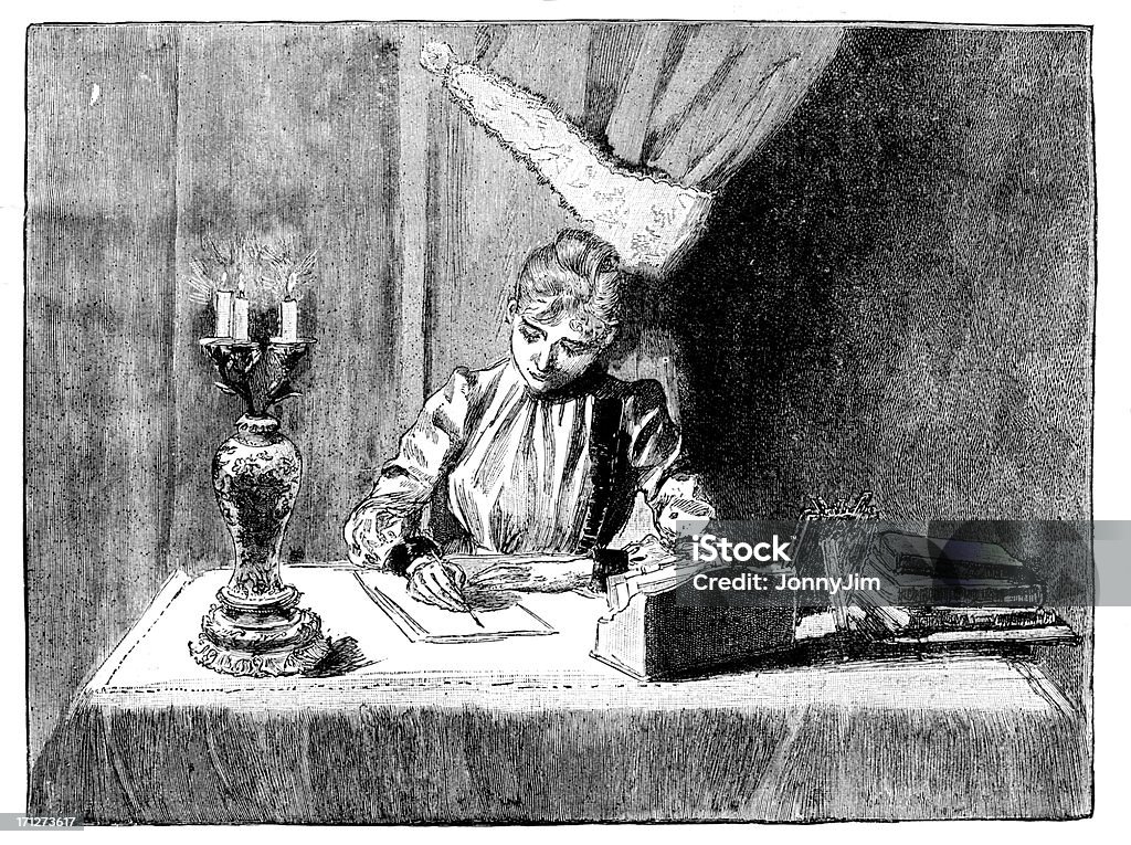Womenseated на стол письменном виде в ночное время в 1883 journal - Стоковые иллюстрации Женщины роялти-фри