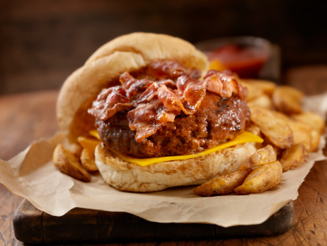 Bacon CheeseBurger on a toasted Kaiser Bun with Wedge cut French Fries-Photographed on Hasselblad H3D-39mb Camera