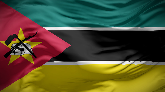 3d illustration flag of Mozambique. Close up waving flag of Mozambique.