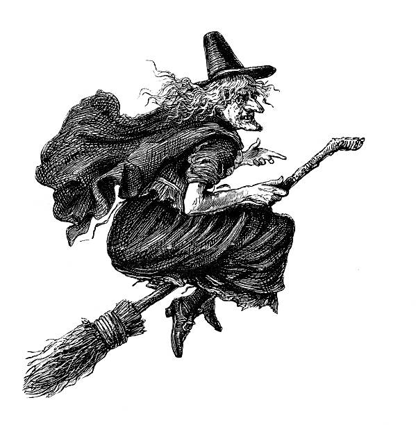 ilustraciones, imágenes clip art, dibujos animados e iconos de stock de bruja en un diario broomstick de 1883 - bruja