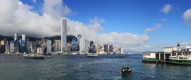 Hong Kong,March 25,2019:View of the Hong Kong skyscrapers from the Avenue of star on  the Victoria Harbour during a cloudy day