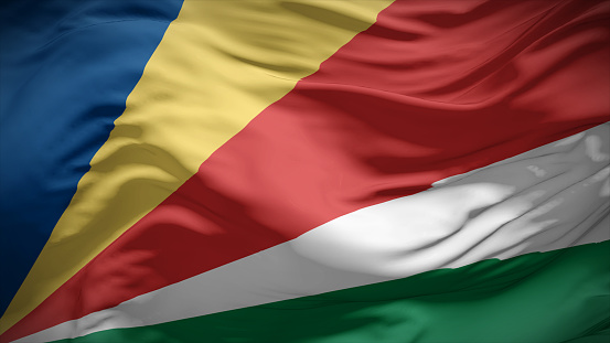 3d illustration flag of Seychelles. Close up waving flag of Seychelles.
