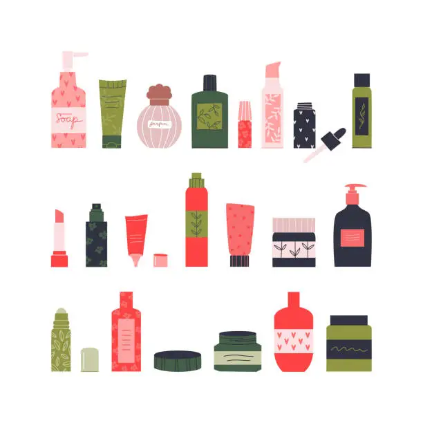 Vector illustration of Tubes, bottles, jars of cosmetics