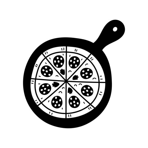 Pizza on a wooden board doodle Hand drawn food vector illustration for pizzeria, delivery, menu, kitchen design. Peperoni with salami on a tray black meat tray stock illustrations