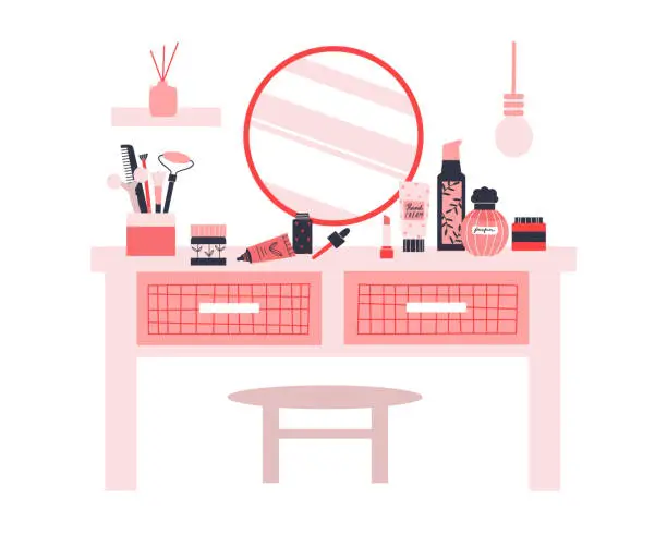 Vector illustration of Dressing table with cosmetic products