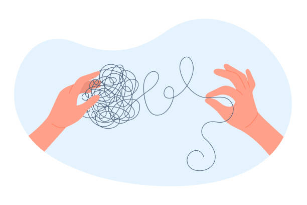 문제와 정신 장애의 매듭을 풀고, 두 손은 얽힌 낙서 공을 잡습니다 - tied knot rope adversity emotional stress stock illustrations