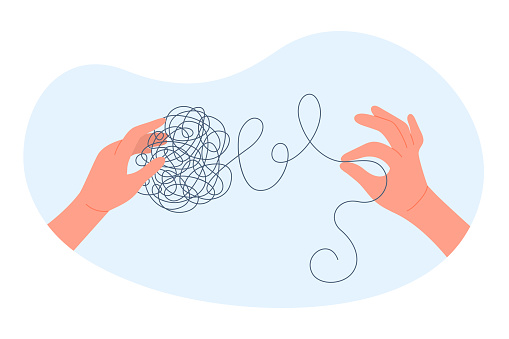 Untangle knot of problems and mental disorder vector illustration. Cartoon two hands hold tangled scribble ball to pull and unravel string, bring order to chaos and puzzle mess, smart solution