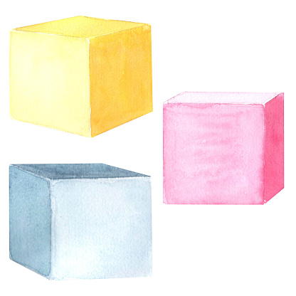 Babies colorful blocks pink, yellow and blue color.. Watercolor hand drawn illustration on a white background for your design, decorating invitations and cards, making stickers, embroidery scheme, printing on packaging and textiles.