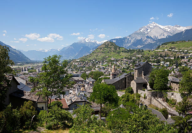 Summer day view of Sion town, Tourbillon Castle and Valere castle, Switzerland