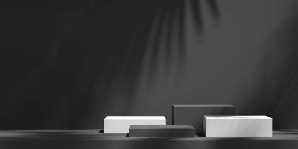 istock Product podium mockup display with black and white background with tree shadow,summer background,3D render illustration 1712761124