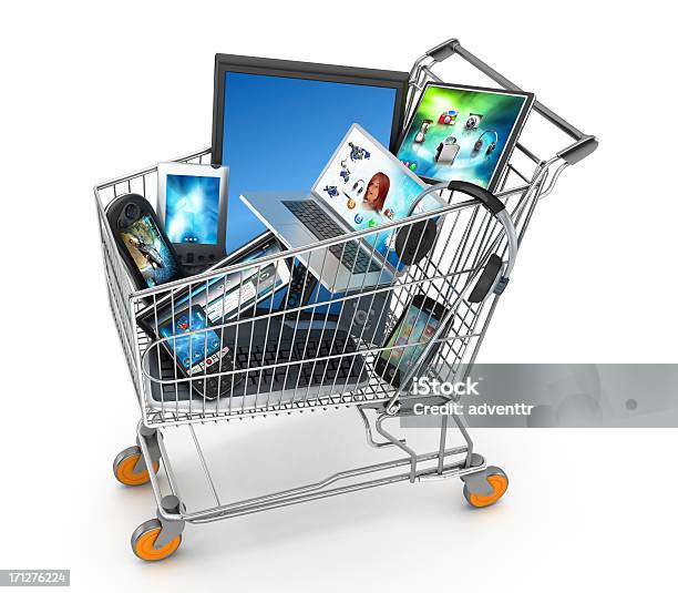 Electronics Zakupy - zdjęcia stockowe i więcej obrazów Przemysł elektroniczny - Przemysł elektroniczny, Sprzęt elektroniczny, Koszyk sklepowy