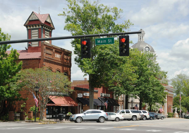 Asheboro, NC, USA-26 Sept. 2022: Wide angle view down Sunset Avenue in downtown.