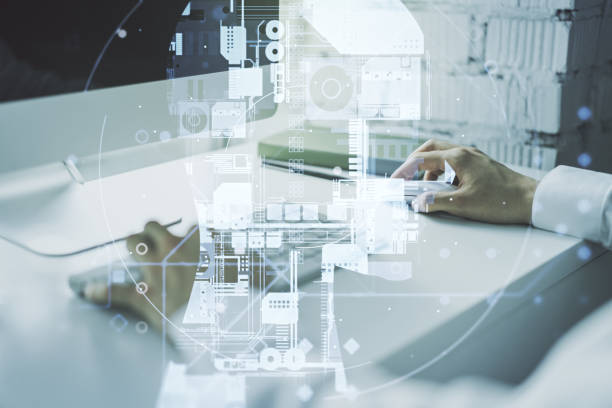 istock Double exposure of creative artificial Intelligence symbol with hands typing on laptop on background. Neural networks and machine learning concept 1712767859