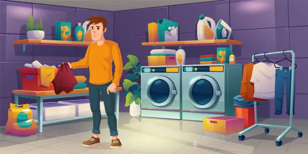 Vector illustration of Man in laundry room with machine and iron cartoon