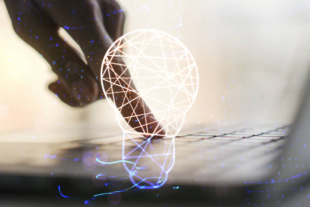 istock Creative idea concept with light bulb illustration and hands typing on laptop on background. Multiexposure 1712768949
