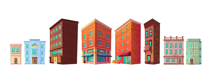 Vector city street building house cartoon icon set. 2d urban retro shop, apartment and store window exterior clipart. Vintage cityscape architecture element side view. Commerce game collection