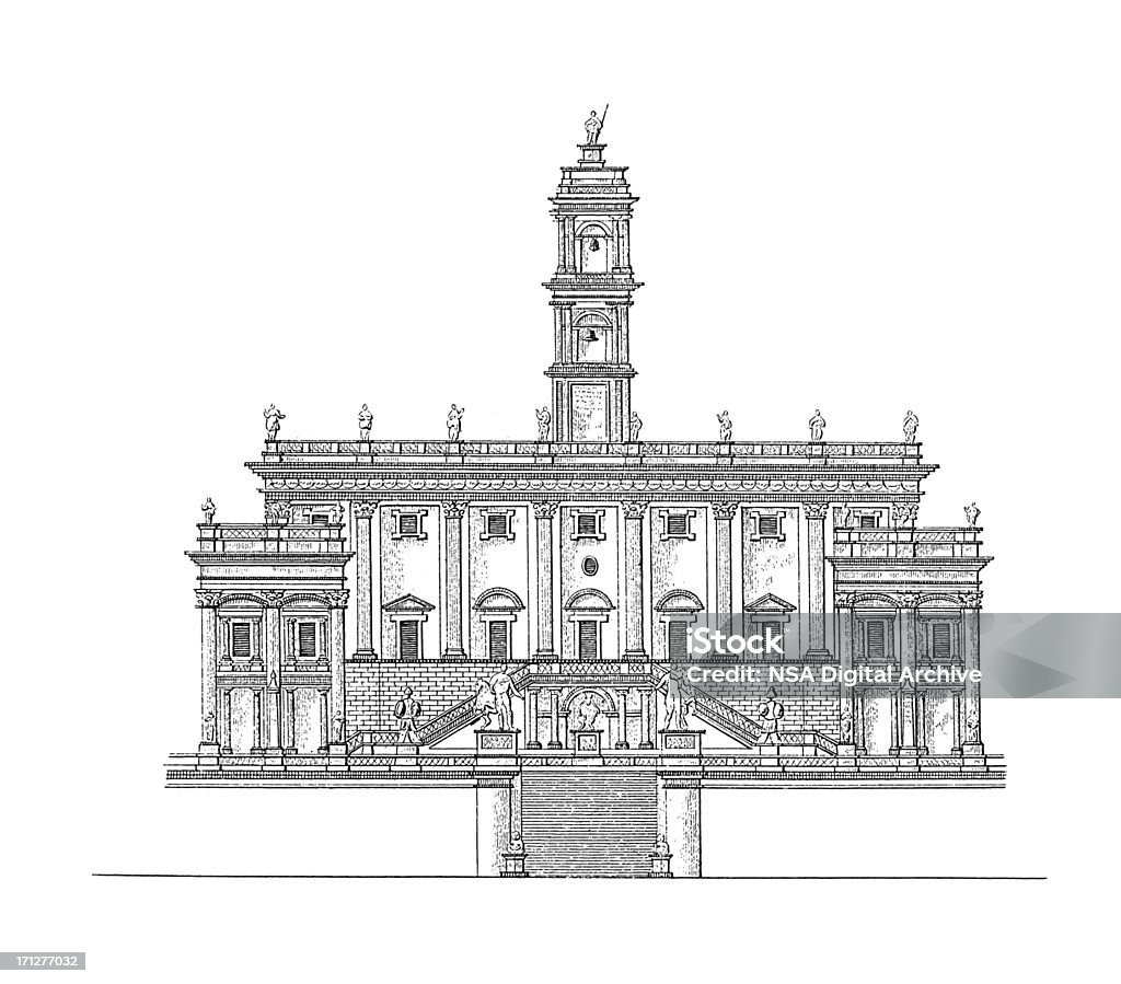 Palazzo Senatorio, Rome, Italy | Antique Architectural Illustrations "19th-century engraving of Palazzo Senatorio on the Capitoline Hill, Rome, Italy. Illustration published in Systematische Bilder-Gallerie, Karlsruhe und Freiburg (1839)." Italy stock illustration
