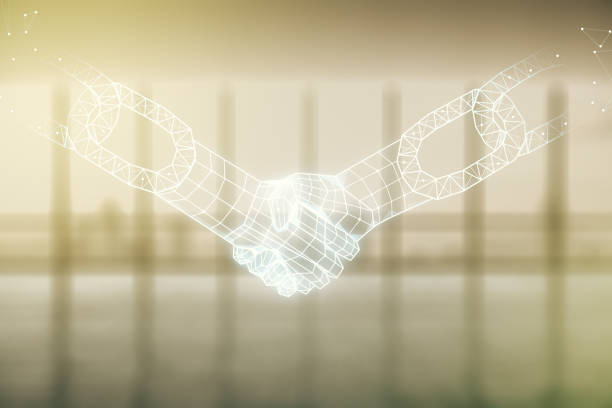 istock Abstract virtual blockchain technology hologram with handshake on empty corporate office background. Digital money transfers and decentralization concept. Multiexposure 1712772265